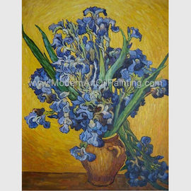 Douane Met de hand geschilderd Van Gogh Irises In Vase tegen een Gele Achtergrond